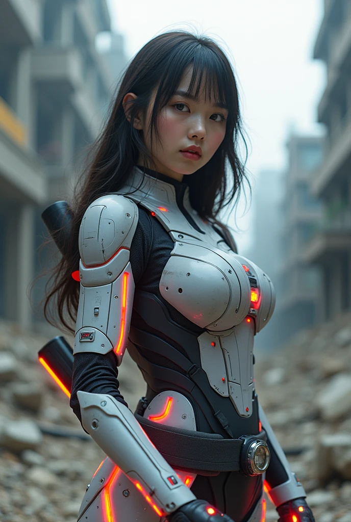 photography, beautiful Korean woman, chubby, wearing a mecha suit with a supergirl model, holding a bazooka with a neon effect on the weapon, aiming scene, background of rubble and abandoned buildings, hyper detailed hyper focus, wide lens