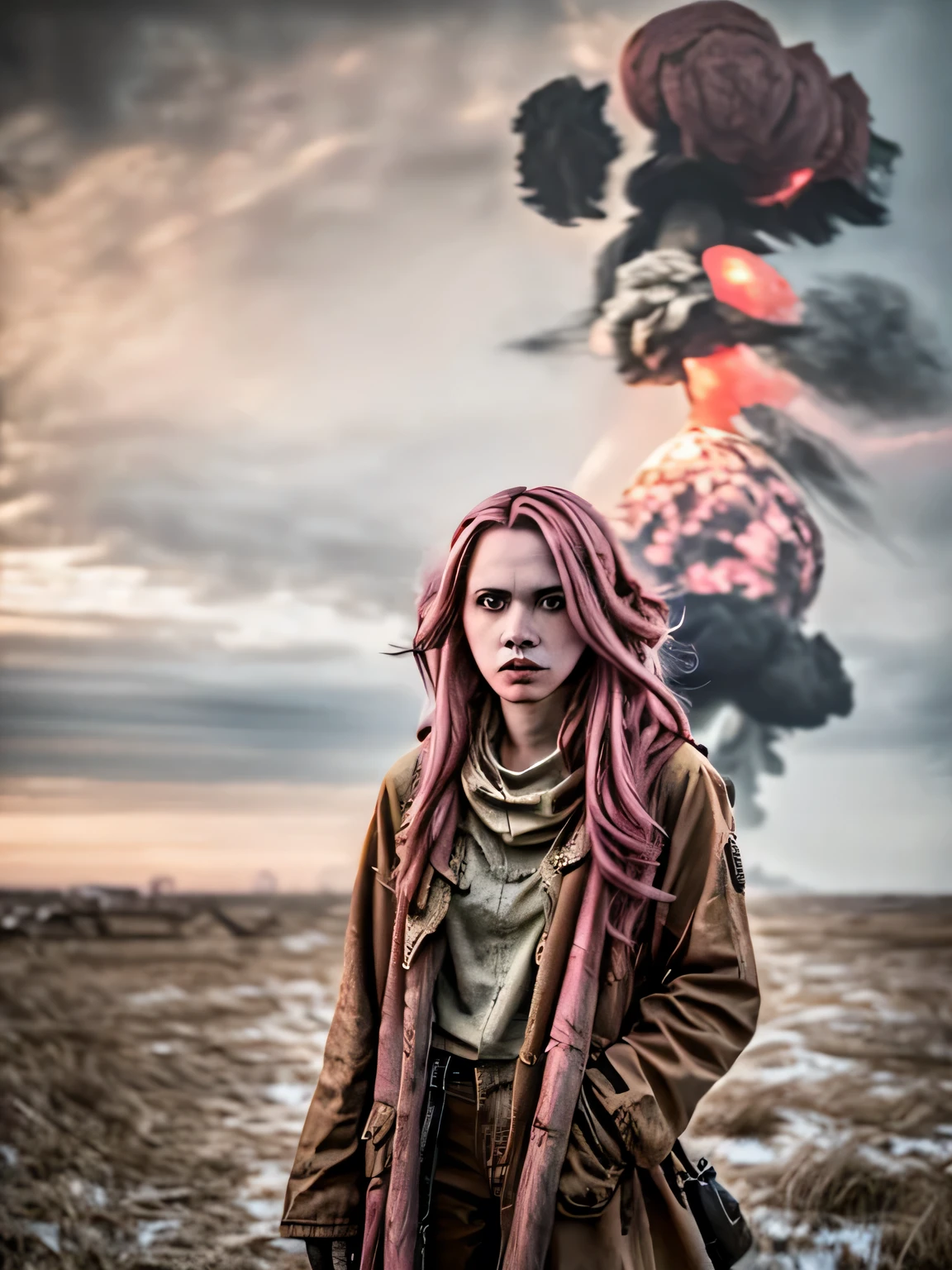 very attractive girl with long bright pink hair, standing in a post apocalyptic world, large explosion in the background, photo quality