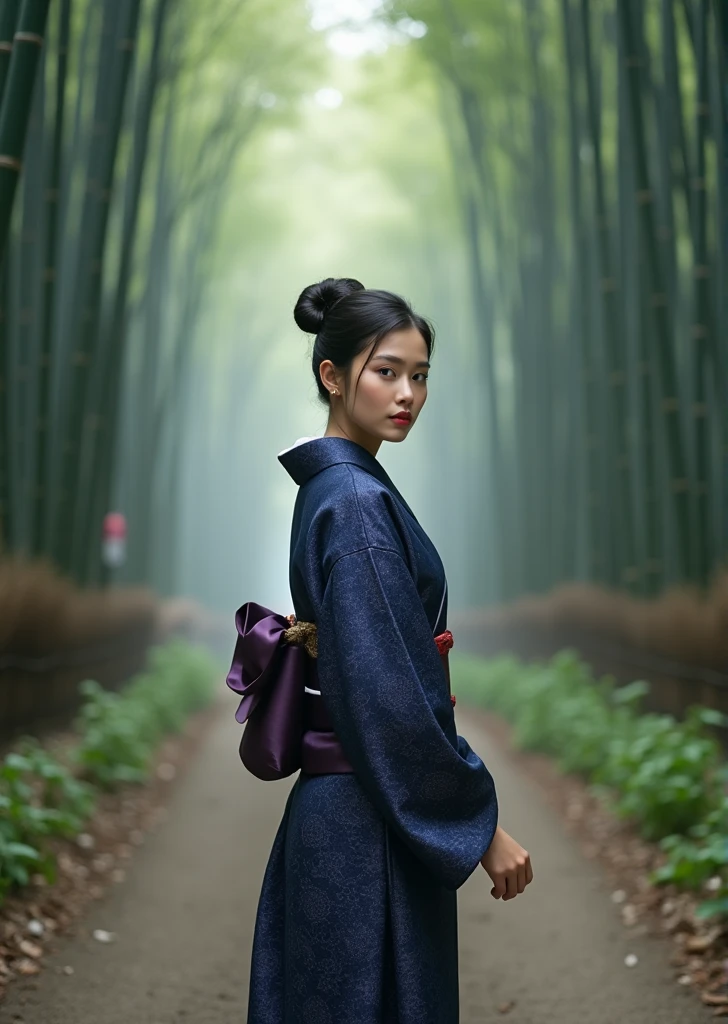 In the bamboo forest of Kyoto、A woman in a kimono standing on a dirt sidewalk、Turn your body and face forward、Morning mist、Beautiful makeup、Tied up hair、whole body、A kimono with a complex pattern based on navy blue、Shot with a medium telephoto lens、high resolution、Elegant atmosphere