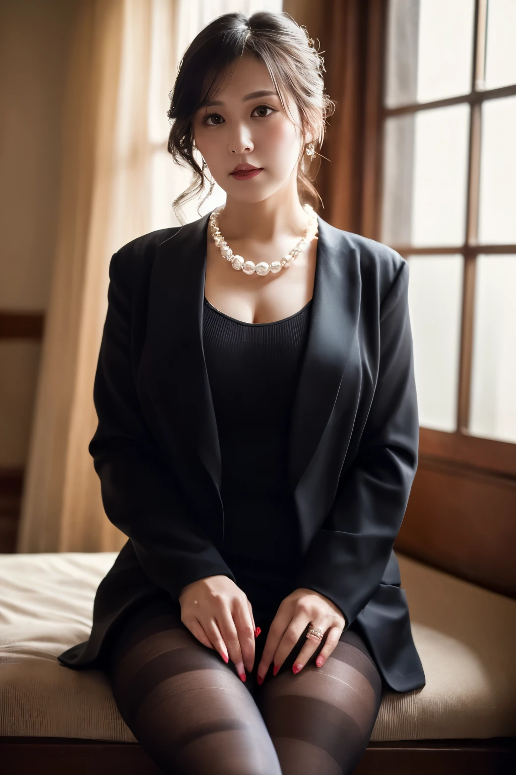 ((Realistic lighting, Highest quality, 8k, masterpiece:1.3)), Beautiful widow in an elegant black dress, Cute Beautiful Mature Woman、Wearing a black jacket、 (Wearing ultra-realistic pantyhose)、Elegant pearl necklace、Ephemeral expression、Funeral、、sad、Ephemeral、My heart sinks、With tears、