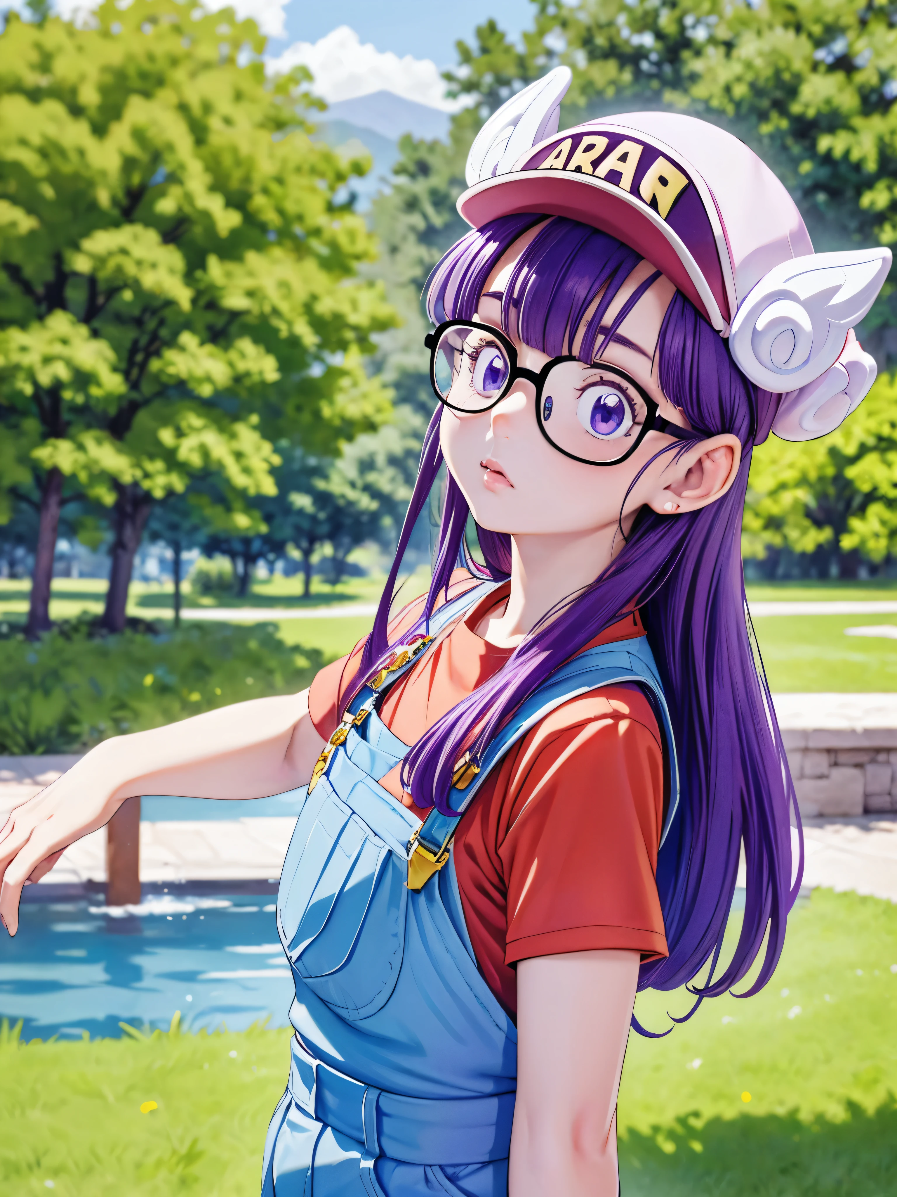 masterpiece, highest quality, Very detailed, 16k, Ultra-high resolution, Cowboy Shot, Detailed face, Perfect Fingers, One  girl, Garden of the mansion, arale, glasses, blue eyes, long hair, purple hair, short sleeves, hat, cap, red shirt, blue overalls