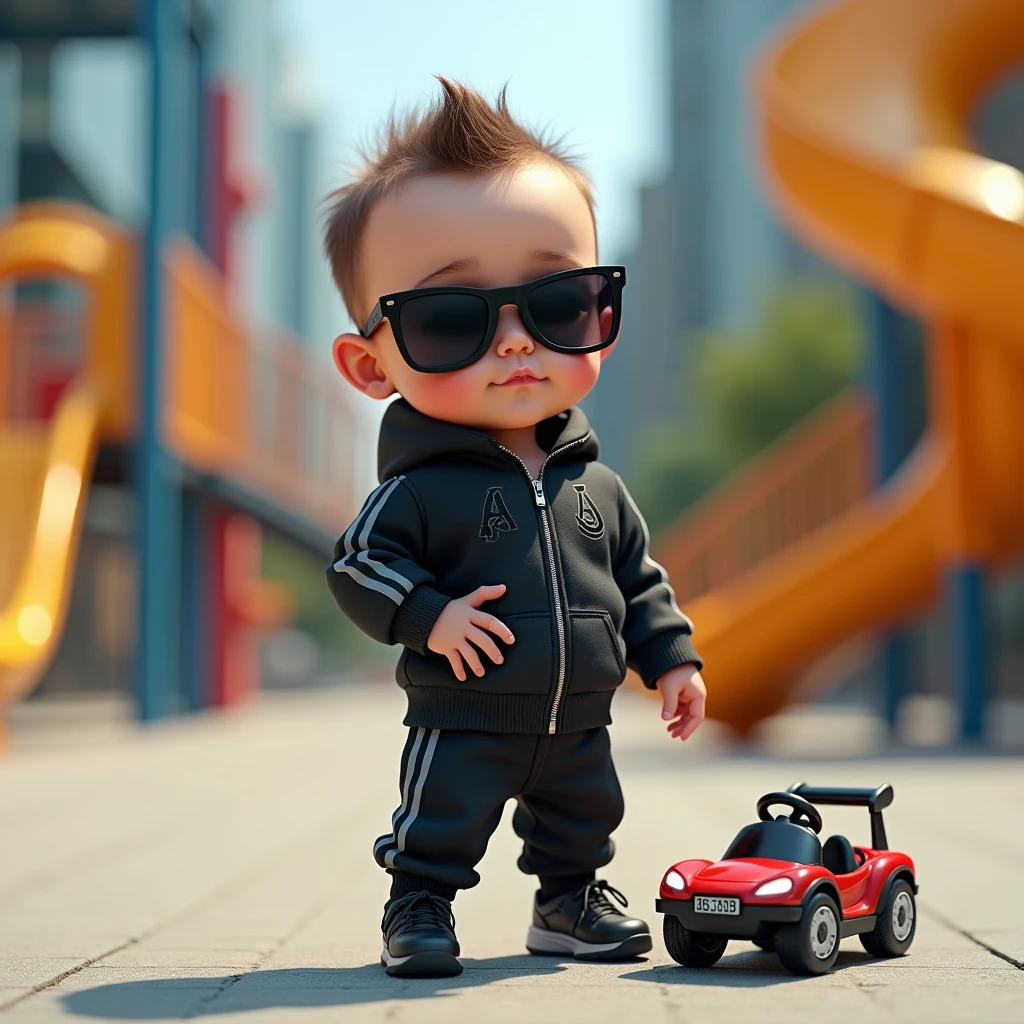 ポーズを決めているイケイケ赤ちゃん: "A hyper-realistic close-up of a  wearing dark sunglasses, striking a confident pose with one hand on its hip and the other resting on a tiny toy car. The babydressed in a mini tracksuit, exuding a sporty and energetic vibe. The background is a trendy park with modern playground equipment, enhancing the cool and active look."