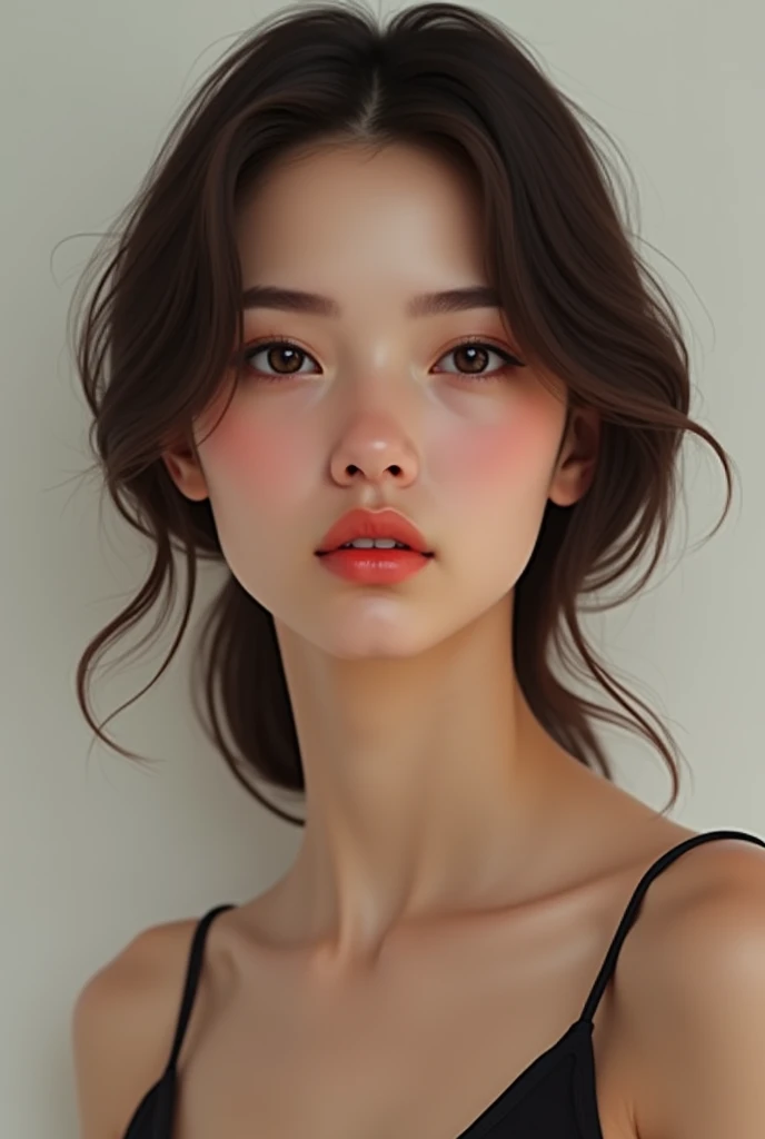 bust, slim brunette girl, Wide face, small mouth, large eyes, flat nose, small breasts 