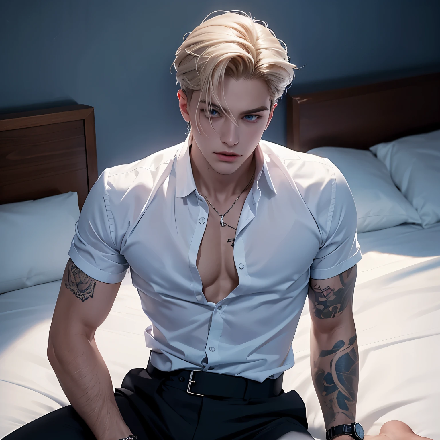 - Create a boy- He wears a formal white shirt- Formal black pants- Has a tattoo on his arm- He wears a watch on his left hand- He has hair，Tousled waves- He has broad shoulders- He has a slim figure- He has a muscular body- Silver blonde hair- His complexion is pale- Bright blue eyes- Smoke coming out of his mouth- His personality should convey sadness and loneliness- Sharp eyes- Attractive face- Angular and thin jaw- Sitting on the bed in the bedroom at home 


