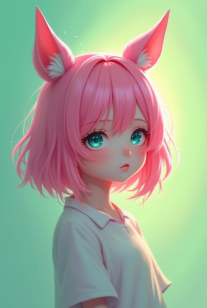 1girl, animal_ears, gradient, gradient_background, green_background, looking_at_viewer, pink_hair, solo by JM
