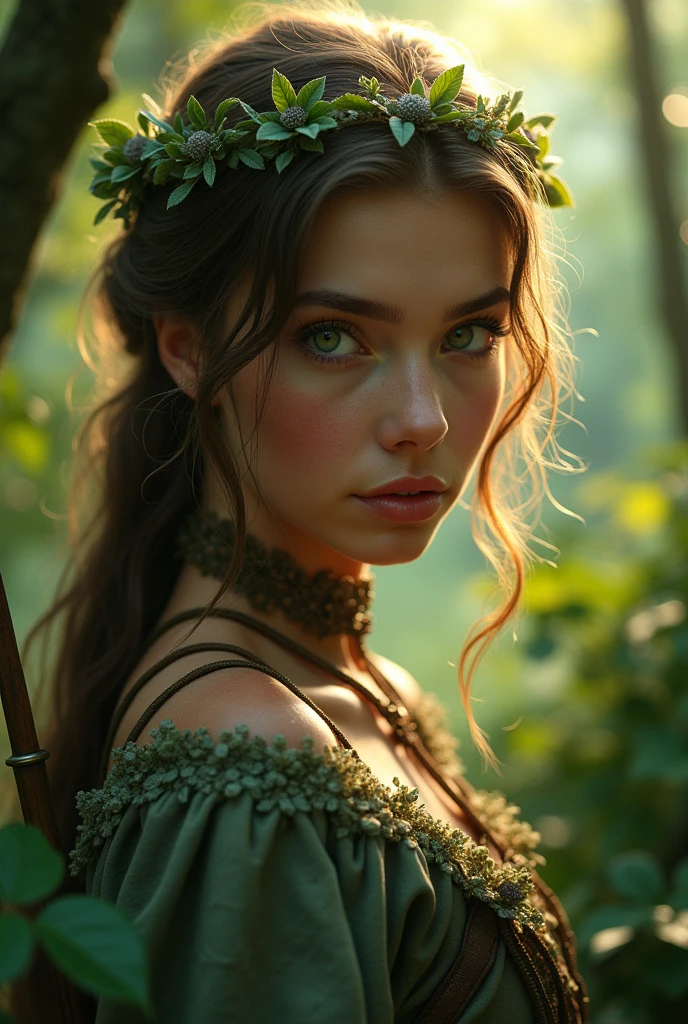 (photorealism:1.2), beautiful woman, in the forest, green eye like a flash, hunter, fantasy, girl up set