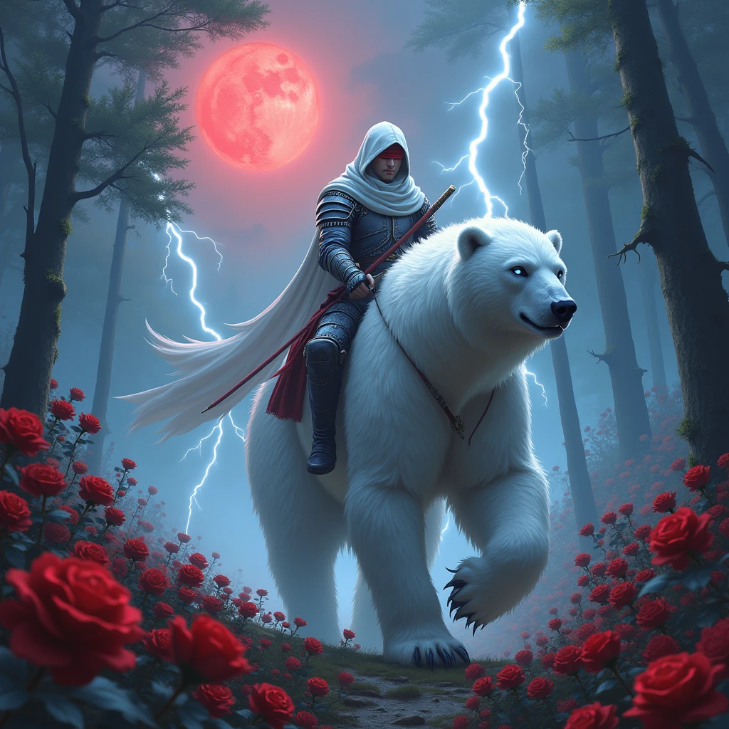 Godlike, in it a male knight with a white hood with bear ears and a katana at his back is riding a polar bear in a forest while the moon shines, many Roses cover the ground and lightning falls from the sky. Only the man wears a red blindfold. The polar bear has blue eyes. In the background of the picture is the blood moon.