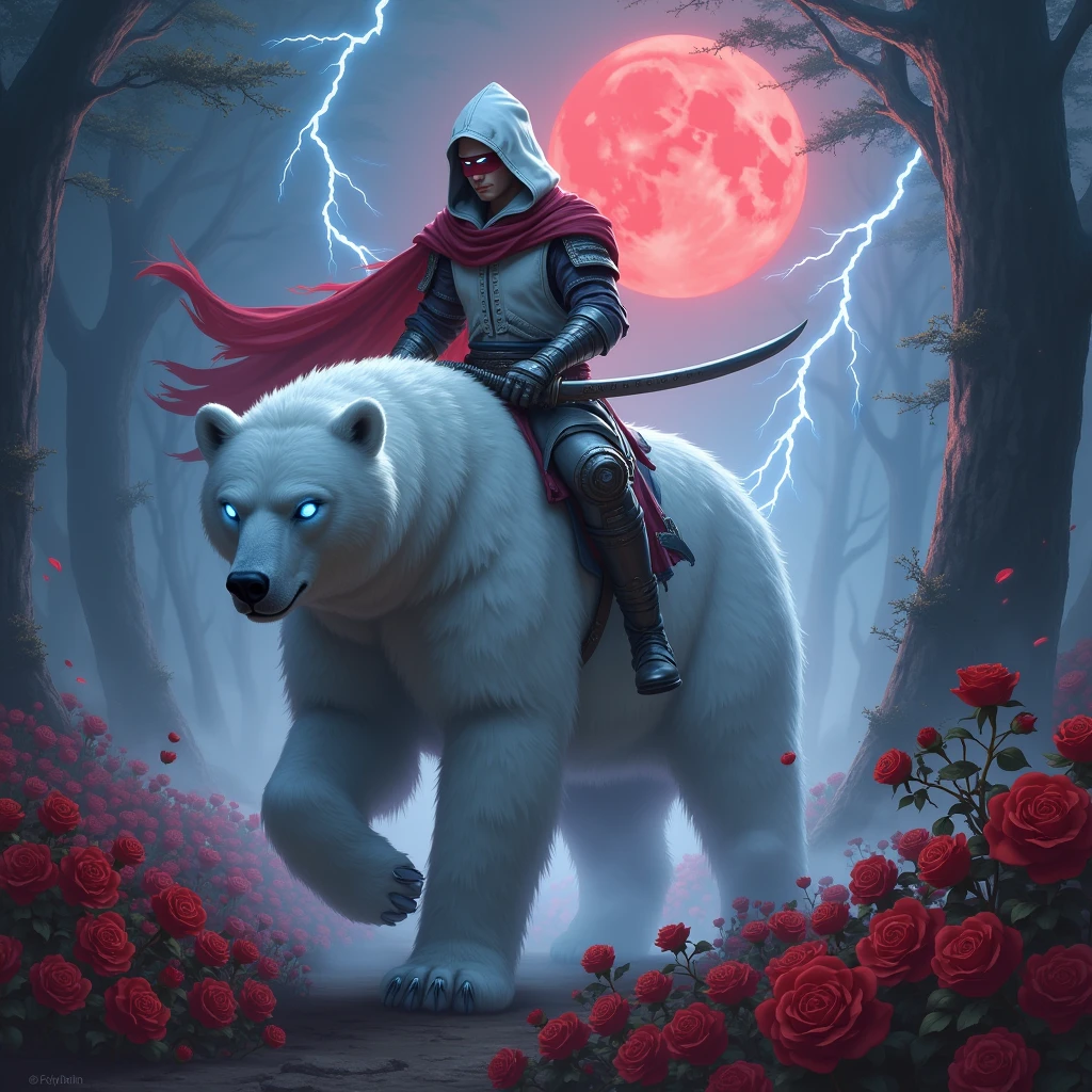 Godlike, in it a male knight with a white hood with bear ears and a katana at his back is riding a polar bear in a forest while the moon shines, many Roses cover the ground and lightning falls from the sky. Only the man wears a red blindfold. The polar bear has blue eyes. In the background of the picture is the blood moon.
