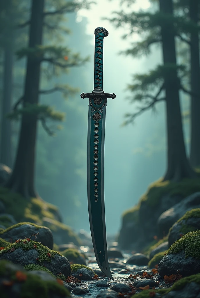 a majestic and precious dark grey and dark green curved sword with little circles on the blade. The background is a forest and rocks drawn in a traditional Japanese style