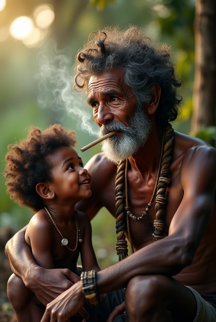 Photorealism 1.4 realistic realism high detailed definition Malaysia native aboriginal orang asli old man sitting and smoking wear short shirtless dark skin kitten beside evening mode curly messy hair dark skin necklace and hand accessories from rattan talking with her grandson