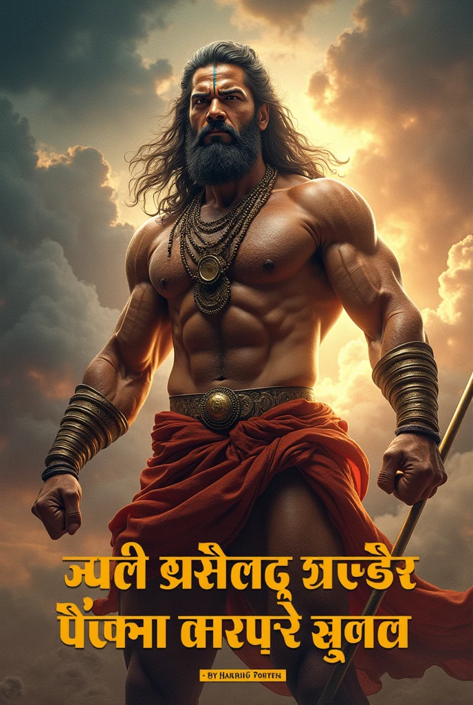 "Create an image of Lord Hanuman in a powerful and dynamic pose, holding his mace (gada) with a determined expression. The background should be vibrant, depicting a stormy sky with rays of light breaking through, symbolizing strength and hope. In the center of the image, include a motivational quote in Hindi: 'मन में है विश्वास, तो कोई भी संकट नहीं रोक सकता आपकी राह।' 🔥 🙏 💪 Use bold Devanagari script for the text. Surround the quote"