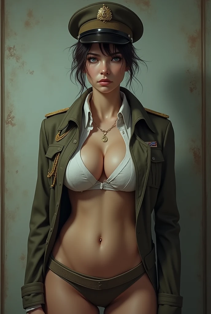 1 men, Pretty Caucasian (men), Hrithik roshan, a slim but muscular body, huge breasts, dark brown messy hair, blue eyes, Men, Men in open shirt soldier uniform, soldier hat, military Shirt brooch, exposed abdomen area, very low waist micro miniskirt, exposed navel, well exposed thighs, 25 years-old, high ranking , standing, military standing , realistic, high quality, view from front