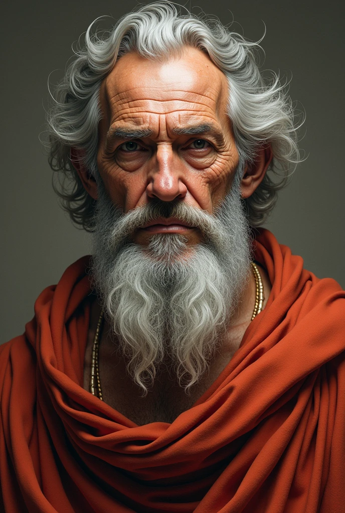 "Portrait of a wise and imposing man, 40 years old, Scrawny, bearded and with gray hair, with a serious expression and an air of experience. high definition. Inspiration from ancient Greek man."