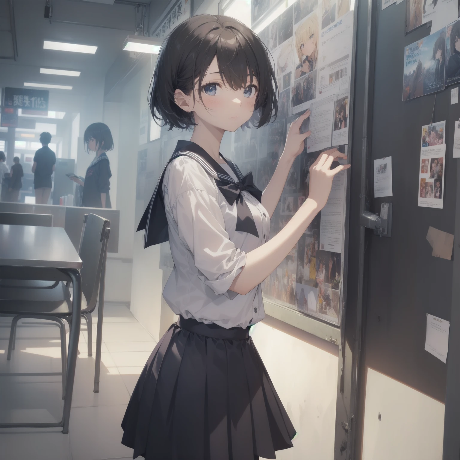 ultra-absurdres-Top quality by artist God, ultra-detailed, high resolution, anime moe artstyle, best anime 8k konachan wallpaper, pixiv contest winner, pool:2810, perfect anatomy,break, 1girl, (Please draw a girl walking sleepily to school alone. )break,(Solo,little female,15yo:1.3),Full limbs, ,a junior high school student, (very short hair), short cut, flat chest, , small butt, small black eyes, beautiful detailed eyes, well-proportioned iris and pupils, expressive eyes, highres detailed hair, soft expression, salor school_uniform, sailor collar, serahuku, bow, pleated skirt,(Detailed Lighting), (Detailed background), in the School commute route. break,super detailed skin, Best cinematic lighting powered by famous artist, 8k,beauty illustration,photoshop_(medium),very aesthetic,break,((artist:takeuchi_takashi )), artist:clamp ,artist:carnelian ,artist:kantoku ,