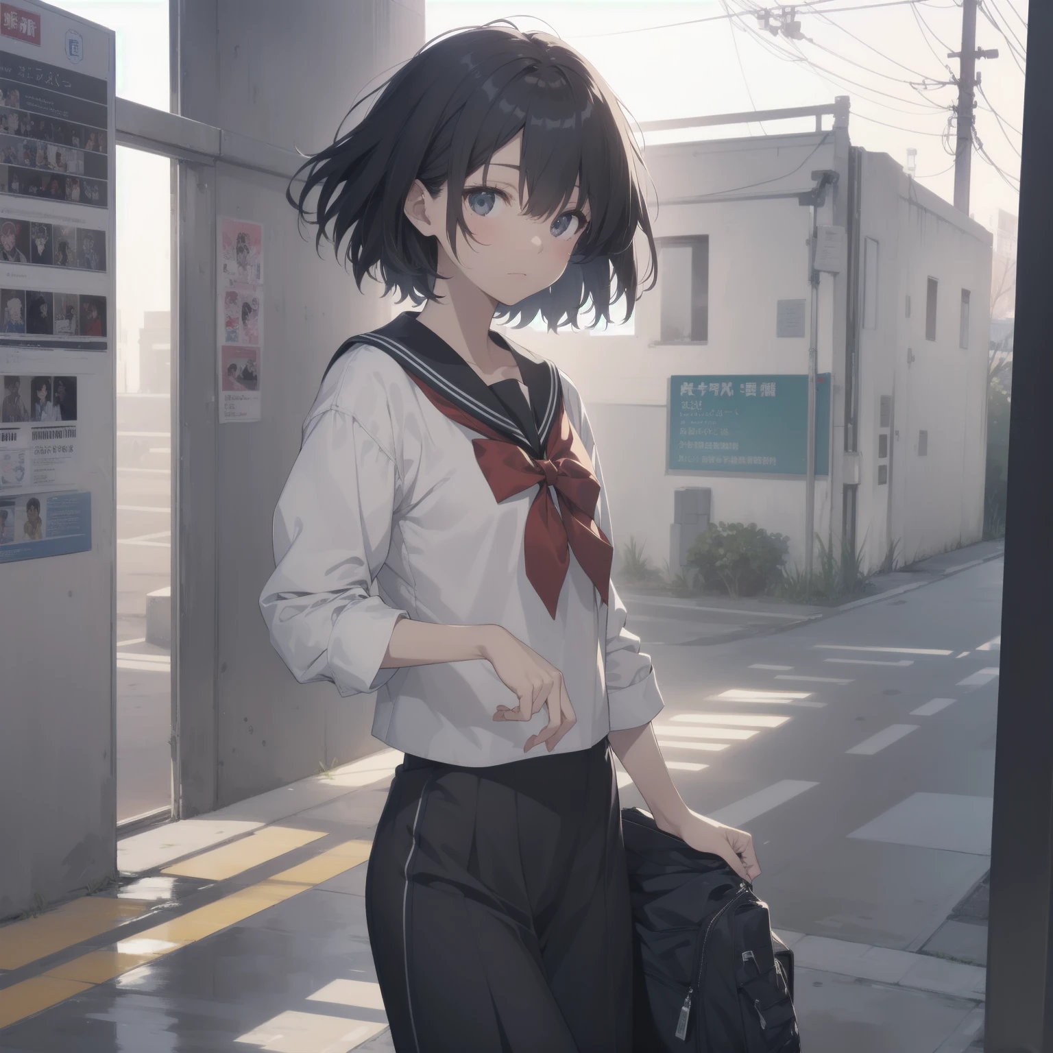 ultra-absurdres-Top quality by artist God, ultra-detailed, high resolution, anime moe artstyle, best anime 8k konachan wallpaper, pixiv contest winner, pool:2810, perfect anatomy,break, 1girl, (Please draw a girl walking sleepily to school alone. )break,(Solo,little female,15yo:1.3),Full limbs, ,a junior high school student, (very short hair), short cut, flat chest, , small butt, small black eyes, beautiful detailed eyes, well-proportioned iris and pupils, expressive eyes, highres detailed hair, soft expression, salor school_uniform, sailor collar, serahuku, bow, pleated skirt,(Detailed Lighting), (Detailed background), in the School commute route. break,super detailed skin, Best cinematic lighting powered by famous artist, 8k,beauty illustration,photoshop_(medium),very aesthetic,break,((artist:takeuchi_takashi )), artist:clamp ,artist:carnelian ,artist:kantoku ,