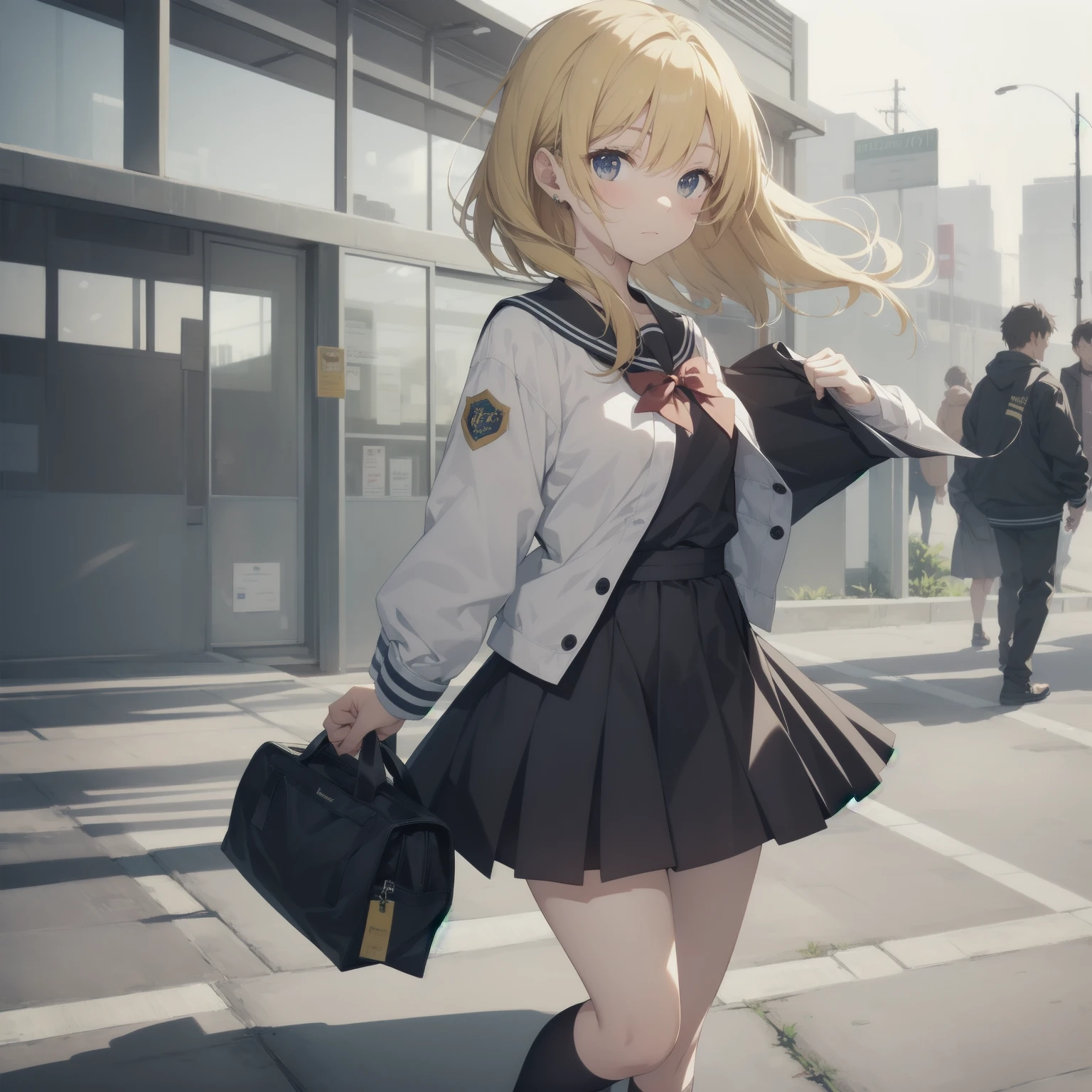 ultra-absurdres-Top quality by artist God, ultra-detailed, high resolution, anime moe artstyle, best anime 8k konachan wallpaper, pixiv contest winner, pool:2810, perfect anatomy,break, 1girl, (Please draw a girl walking sleepily to school alone. )break,(Solo,little female,15yo:1.3),Full limbs, ,a junior high school student, (very short hair), short cut, flat chest, , small butt, small black eyes, beautiful detailed eyes, well-proportioned iris and pupils, expressive eyes, highres detailed hair, soft expression, salor school_uniform, sailor collar, serahuku, bow, pleated skirt,(Detailed Lighting), (Detailed background), in the School commute route. break,super detailed skin, Best cinematic lighting powered by famous artist, 8k,beauty illustration,photoshop_(medium),very aesthetic,break,((artist:takeuchi_takashi )), artist:clamp ,artist:carnelian ,artist:kantoku ,

