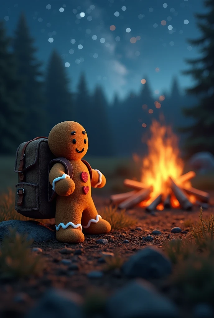 cute gingerbread man,Outdoor Camping,Fine texture,Woods background,Warm lighting,Backpack,campfire,Starry night sky,Soft Focus,Soft colors,Movie,Concept Art,masterpiece