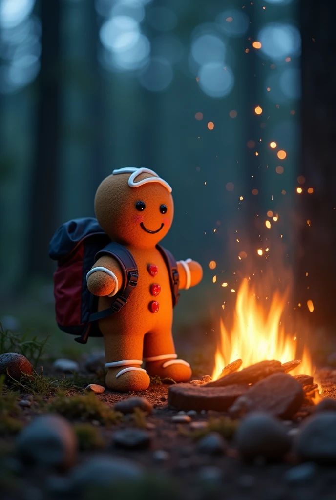 cute gingerbread man,Outdoor Camping,Fine texture,Woods background,Warm lighting,Backpack,campfire,Starry night sky,Soft Focus,Soft colors,Movie,Concept Art,masterpiece