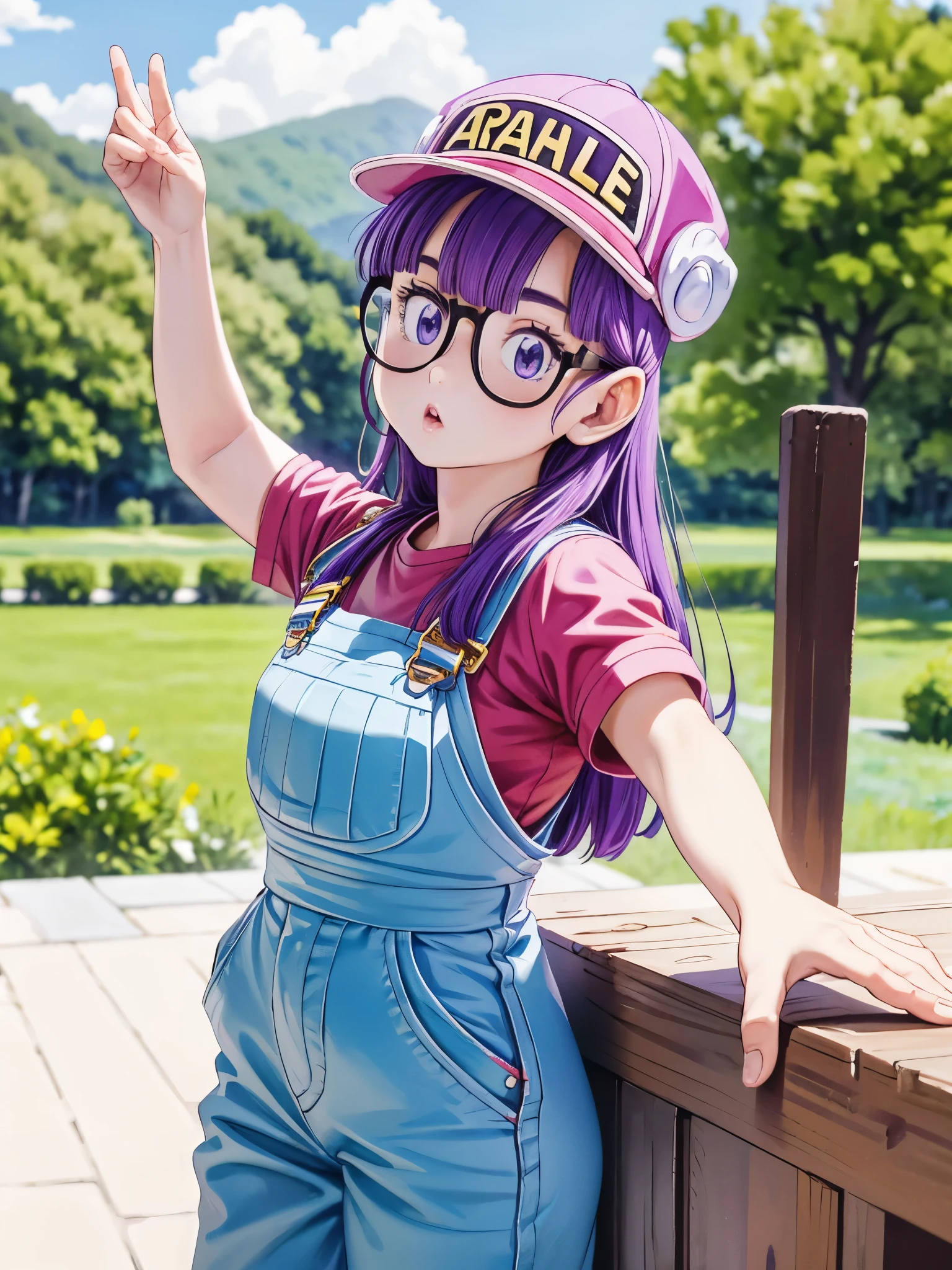 masterpiece, highest quality, Very detailed, 16k, Ultra-high resolution, Cowboy Shot, Detailed face, Perfect Fingers, One  girl, Garden of the mansion, arale, glasses, blue eyes, long hair, purple hair, short sleeves, hat, cap, red shirt, blue overalls