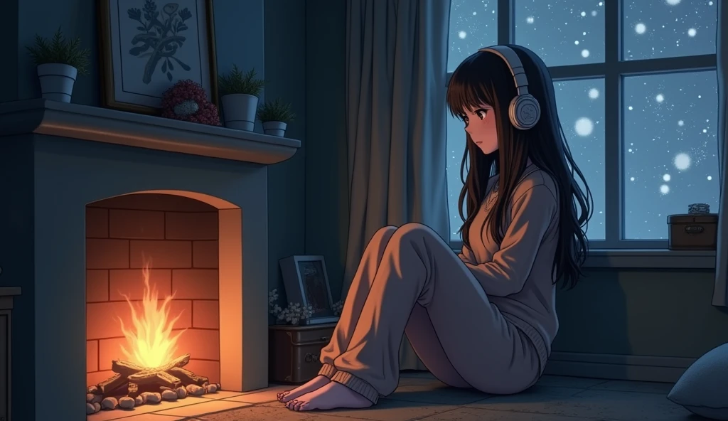 Perfect image, 8k, night、winter、high school girl、 Big Breasts、sweater、Long trousers、Using headphones、fireplace、 2D-style animation, Lo-Fi、Retro、Emotional、Anime style illustrations