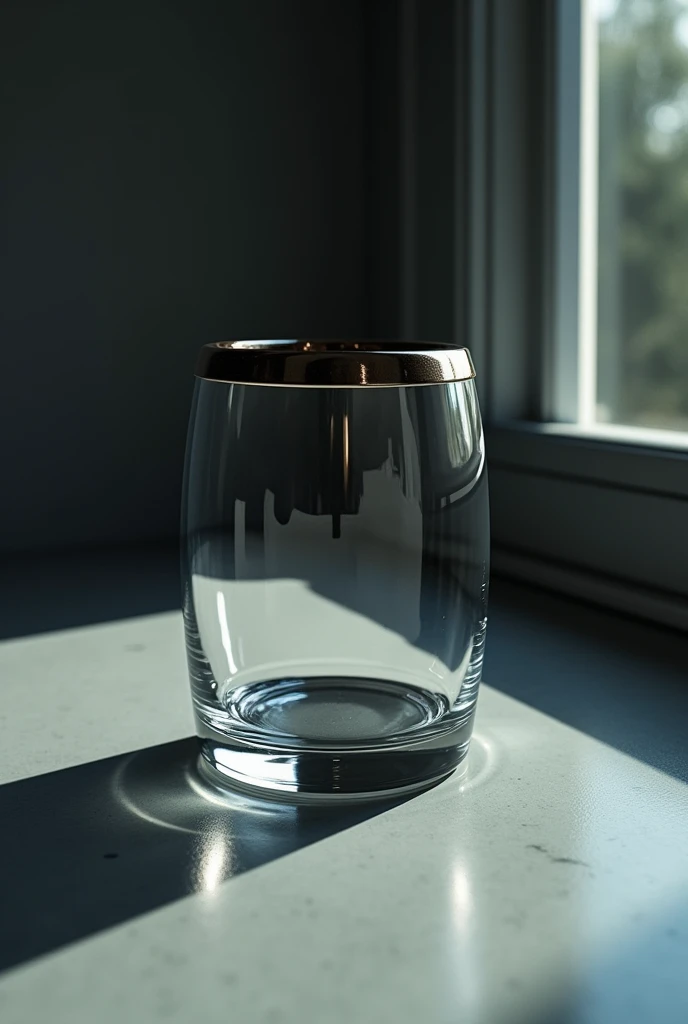 The rim of the glass reflects the black object near it