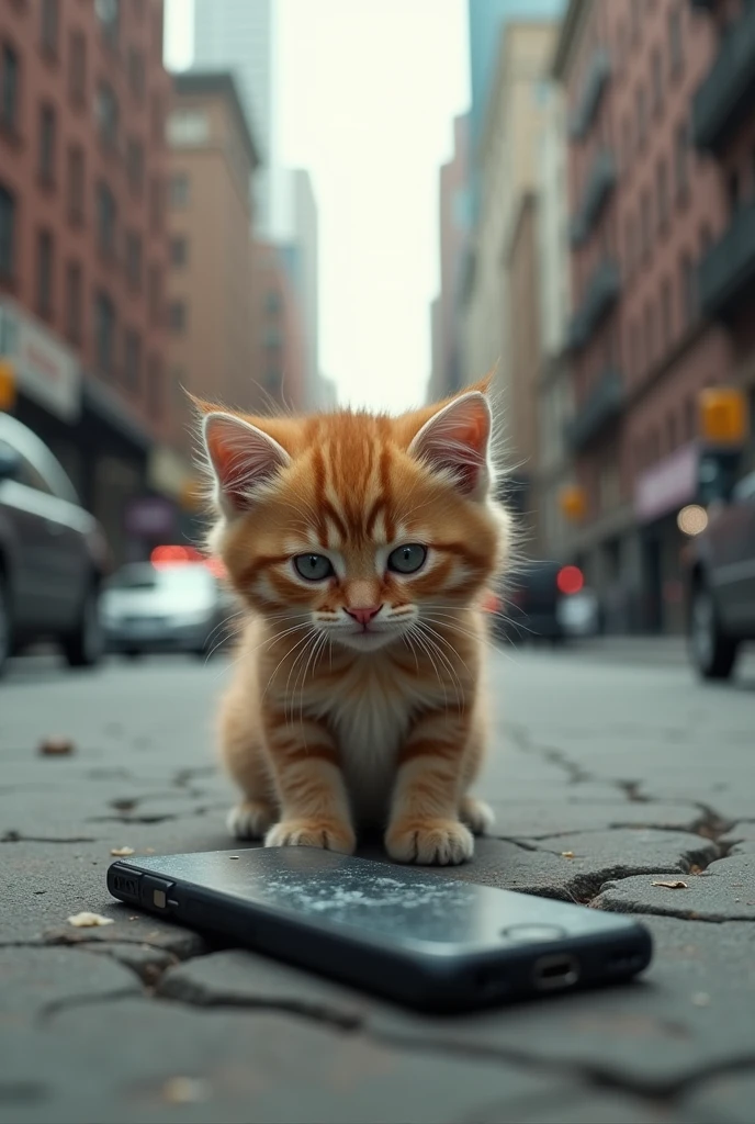 A kitten in the city looks frustrated as it looks at a dead cell phone on the street