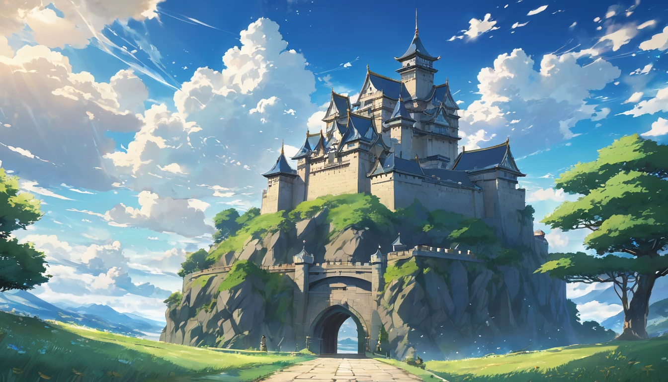 a picture of a picture of a castle with a sky background, genshin, isekai, popular isekai anime, genshin impact, ( ( makoto shinkai ) ), key art, trending on cgstation, official art, makoto shinkai movie, anime key visual concept, guweiz and makoto shinkai, by Shingei
