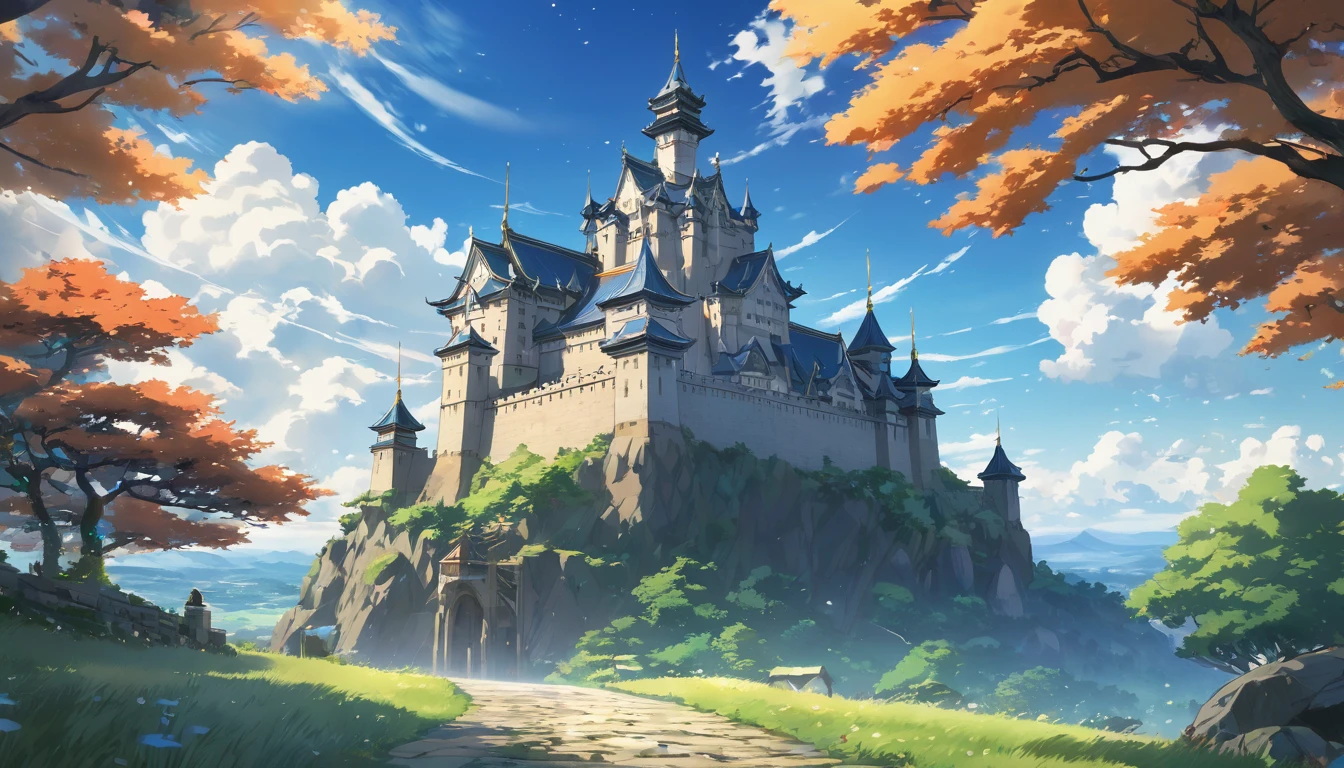 a picture of a picture of a castle with a sky background, genshin, isekai, popular isekai anime, genshin impact, ( ( makoto shinkai ) ), key art, trending on cgstation, official art, makoto shinkai movie, anime key visual concept, guweiz and makoto shinkai, by Shingei