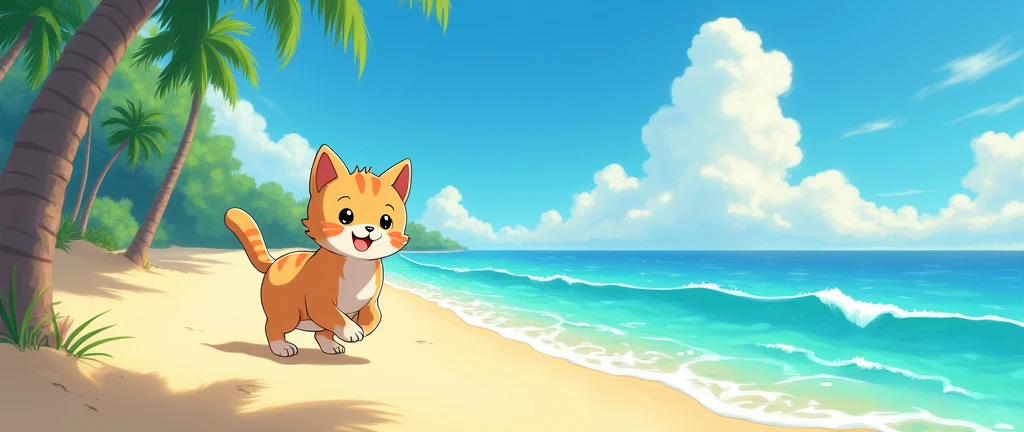 Beach ,masterpiece,best quality, Kawaii Cat Studio Ghibli Inspired
