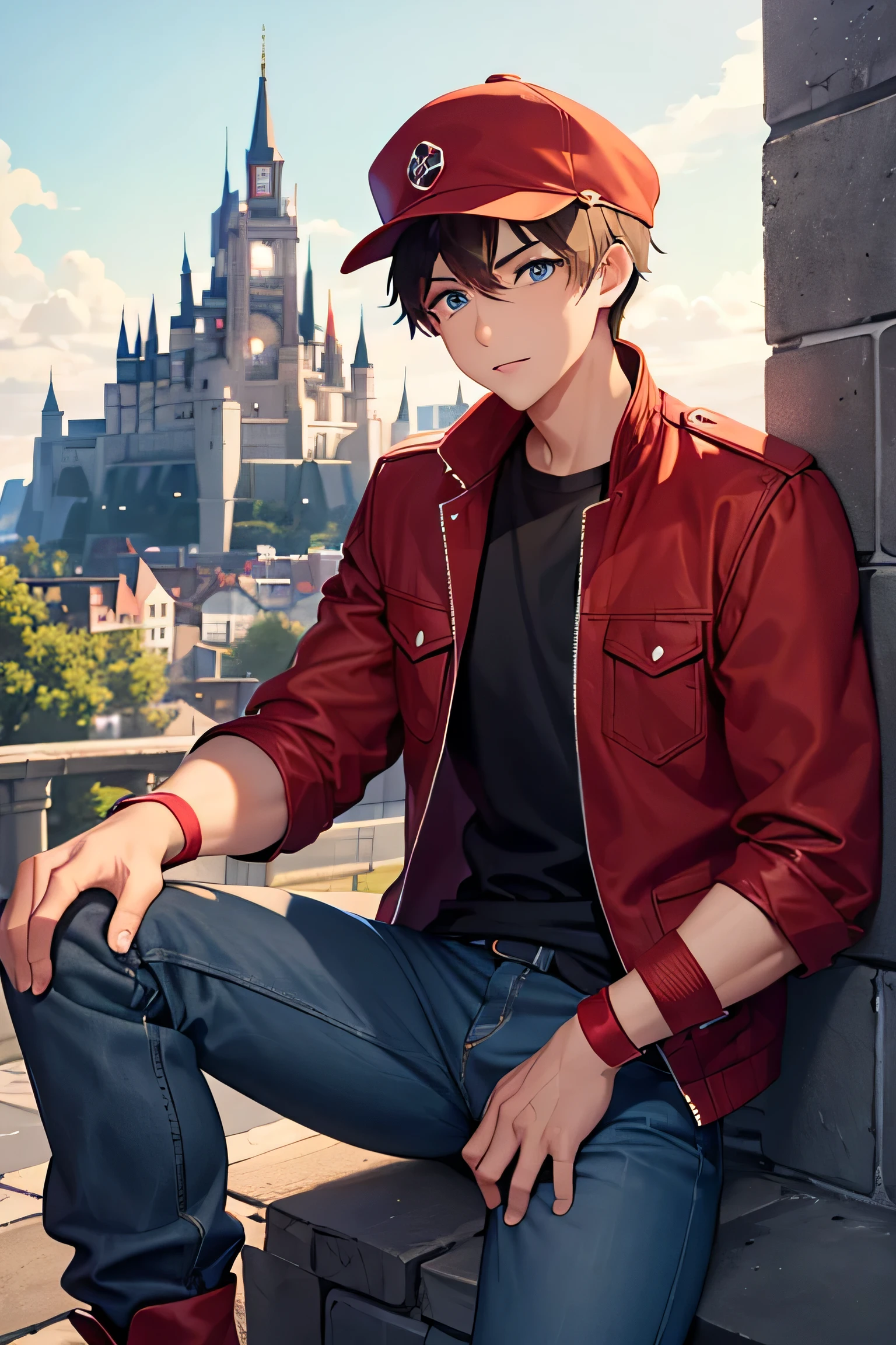 light skin boy, brown hair and sky blue eyes with gentle look wearing an open red jacket and black shirt, black jeans and red military boots and red baseball cap leaning against a wall with a castle in the background with hands on his pants pocket.