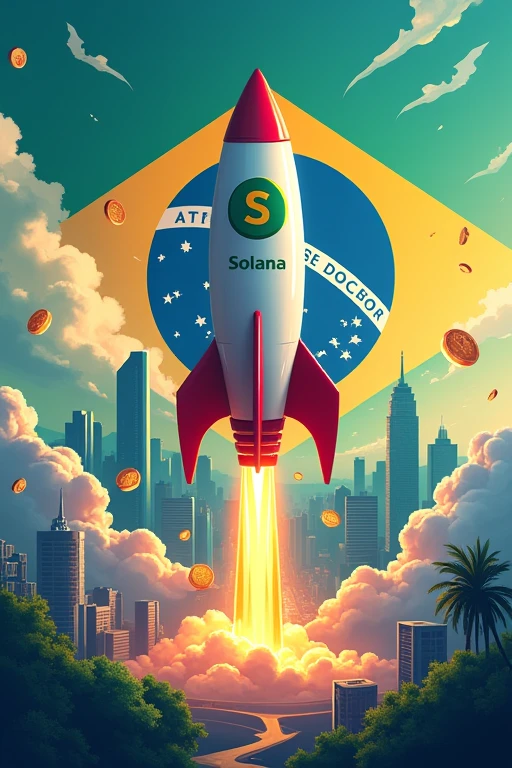 Illustration of a rocket with Solana logo soaring high above Brazilian landscape, against the backdrop of Brazilian flag. The rocket is surrounded by floating finance icons like charts, coins, and graphs. Below, famous Brazilian landmarks like Christ the Redeemer and Copacabana beach are visible alongside modern skyscrapers representing stock exchanges and investment firms. The scene conveys growth, investment, and the expanding crypto market in Brazil.