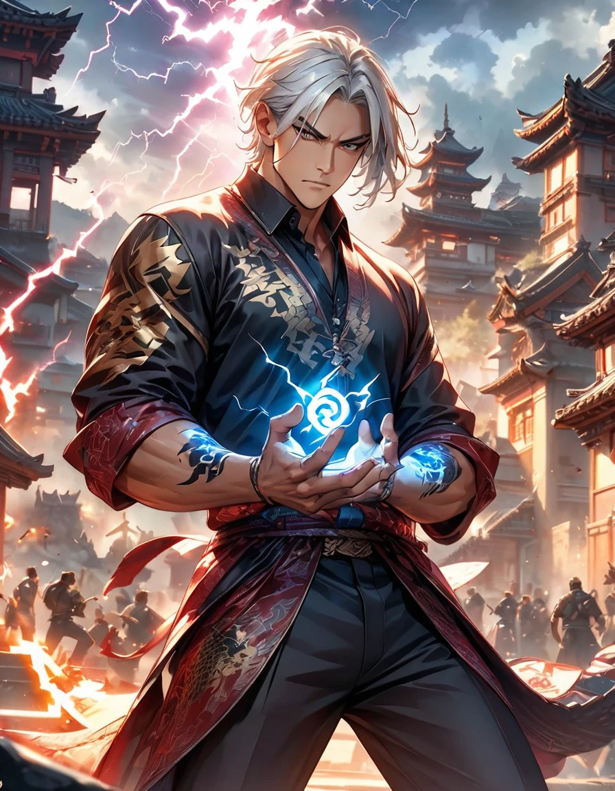 Strong man, muscular male fighter, ((dragon tattooed, dragon tattoo on body and arms, white haired handsome man:1.2)), Dramatic lighting, Chiaroscuro, Rough, Cinematic, (Super detailed), vibrant colors, Dramatic Shadows, Powerful, strong, Intimidating, Aggressive,. Intimidating, Authoritative, ((Intense combat action:1.2, Fighting Pose)), fantasy setting, battle Background, fist combat, ((lightning magic, lightning on his hands)), (Highest quality:1.2, Very detailed, up to date, Vibrant, Ultra-high resolution, masterpiece:1.2, Best aesthetics),