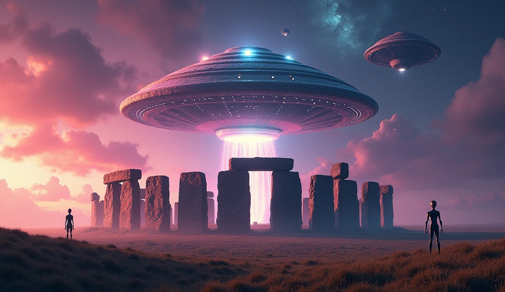create a thumbnail for YouTube with the image of Stonehenge surrounded by aliens and with a spaceship on top, ultra realistic and colorful image.