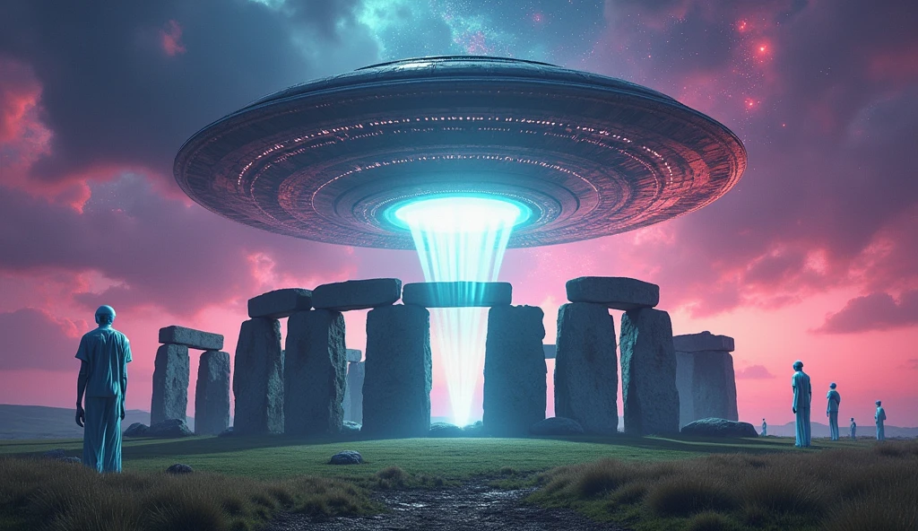 create a thumbnail for YouTube with the image of Stonehenge surrounded by aliens and with a spaceship on top, ultra realistic and colorful image.