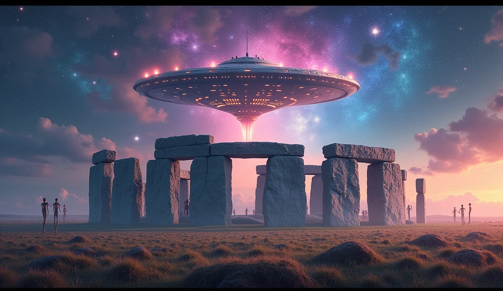 create a thumbnail for YouTube with the image of Stonehenge surrounded by aliens and with a spaceship on top, ultra realistic and colorful image.