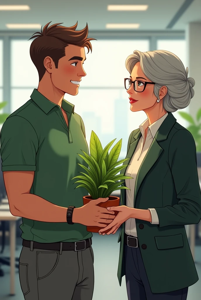 refreshing Early 30s male Center Part, looking at an office plant, wearing green polo neck shirt, in a corporate office, carrying a plant, discussing plant with an office worker who is female, early 50s, business outfit, glasses