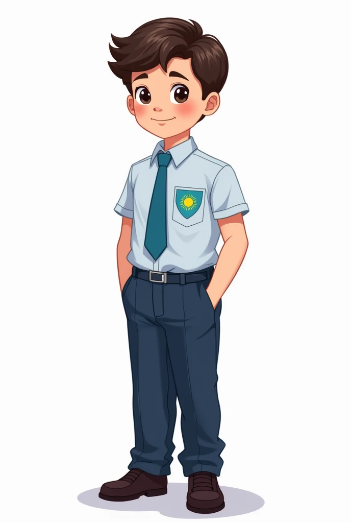 ((officially)) ((masterpiece)) ((Best quality)) ((detailed)) cartoon boy schoolboy in school uniform with emblem flag of Kazakhstan on pocket on white background in full growth