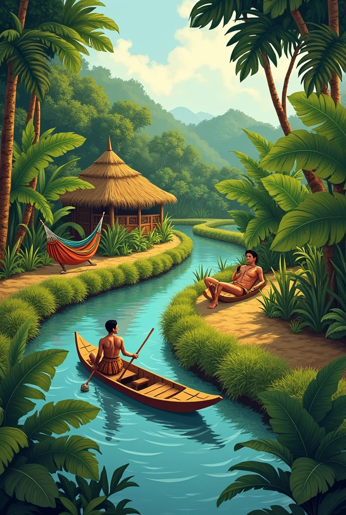 Illustrative drawing of an Indian in a canoe on a small river,  a cassava plantation,  one resting in the hammock , guarana,  a typical dance 