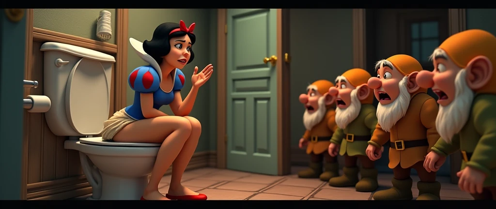 Snow White is in a bathroom sitting on the toilet, she has her dress up, she has her legs closed and her knees pressed together, (he has his hands open with the palm facing up making the shrug expression:2.0), (shrug:2.0), she is frowning with a stomachache, outside the bathroom on the other side of the wall the seven dwarfs line up to use the bathroom indignant and angry at her, (The door is closed:2.0), section view of scene between two environments, PICTURE REALISTIC e super detalhada, each expression is detailed, PICTURE REALISTIC, the dwarves are knocking on the door, the dwarves are furious,(split-screen:2.0), (corte transversal:2.0), live action, life like,