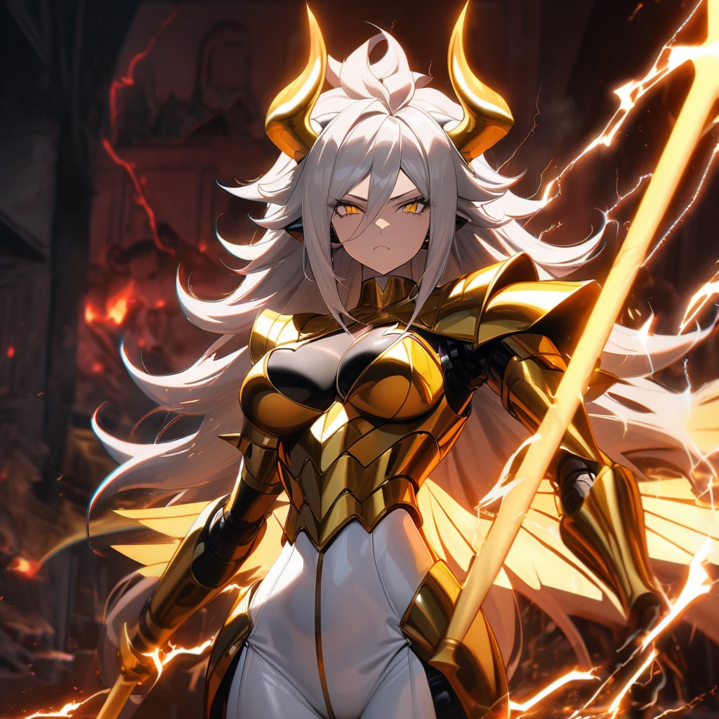 (((Golden Spear))), ((Lightning Power)), ((Electricity)), ((Fire Background)), (((android 21 Evil))), (((white Coat))), (((Darkness power))), (((Busty))), luxury bustier corset, ((silver hair)), (((Very slim waist))), propotional body, ((Gorgeous)), ((gold wings)), masterpiece, hyperdetail, ambient effect, digital effect, (((Fire Spear))), (((Lightning Spear))), (((Fire Gold Armor))), ((Lightning Gold Wings)), ((Fire Demon Horns))