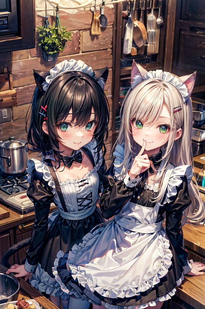 masterpiece,best quality,ultra detailed,((chibi style)),
hyper girlish boy,1shota,(pale_green wavy long hair),hairclip,cat ears,cat tail,smile,frilly camisole type maid costume,(Kitchen),((Maid's greeting)),