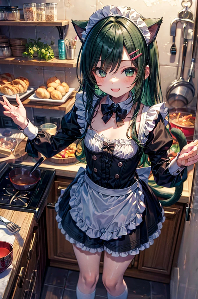 masterpiece,best quality,ultra detailed,((chibi style)),
hyper girlish boy,1shota,(pale_green wavy long hair),hairclip,cat ears,cat tail,smile,frilly camisole type maid costume,(Kitchen),((Maid's greeting)),