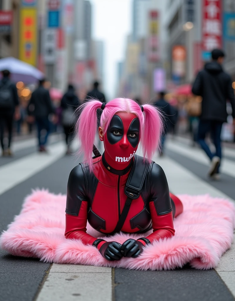 ((Highest quality)), ((masterpiece)), (photograph), (40 years old), ((Japanese middle-aged woman)), ((Deadpool costume and mask)), (((The word "mu mi" is written in white letters on the mouth.))), Deadpool woman with pink hair and twin tails, Lying on a fluffy pink bath mat at Tokyo's Scramble Crossing, Surrounded by passers-by, (from side),