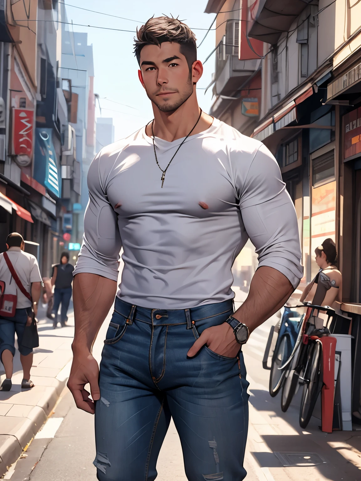 1man,male focus,pectorals,topless,solo,short hair,outdoors,looking at viewer,jeans,pants,closed mouth,city street,