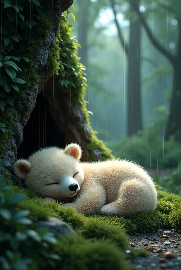 Fantasy sleeping little bear。Soft touch bear。Lying in a cave in heavy raastic rainy forest。