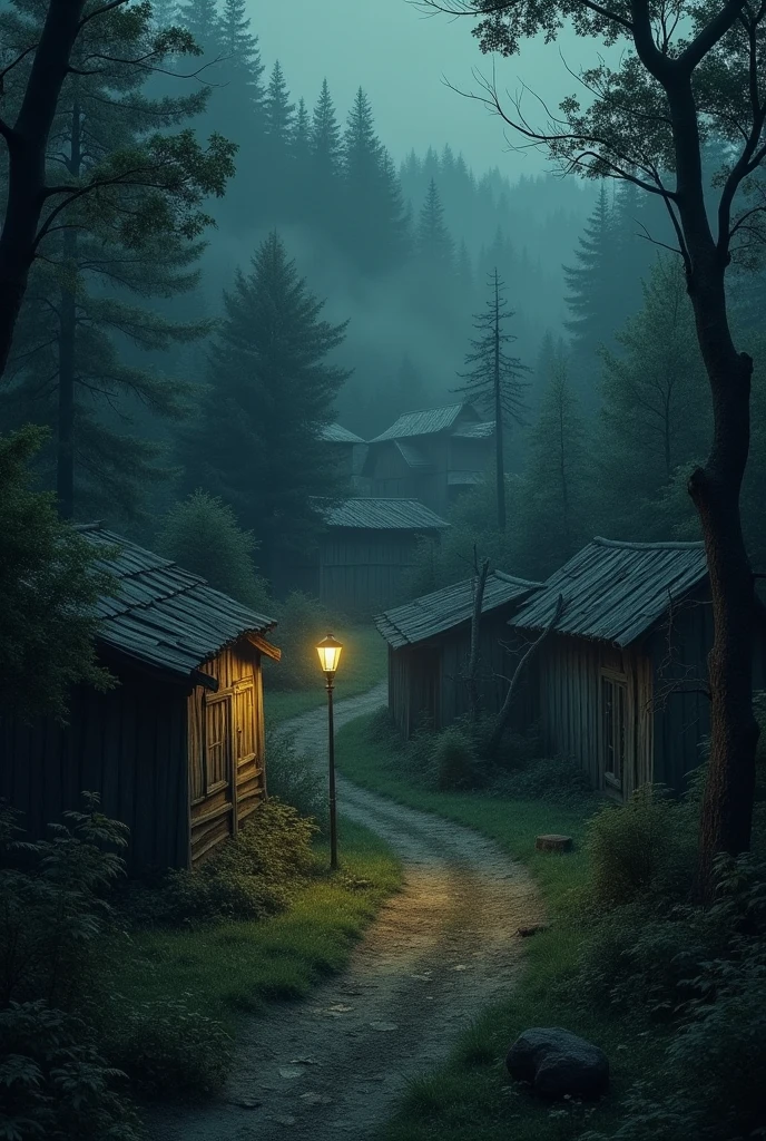 A small town forgotten by time in the middle of a forest, with small houses and the night, with a dark theme
