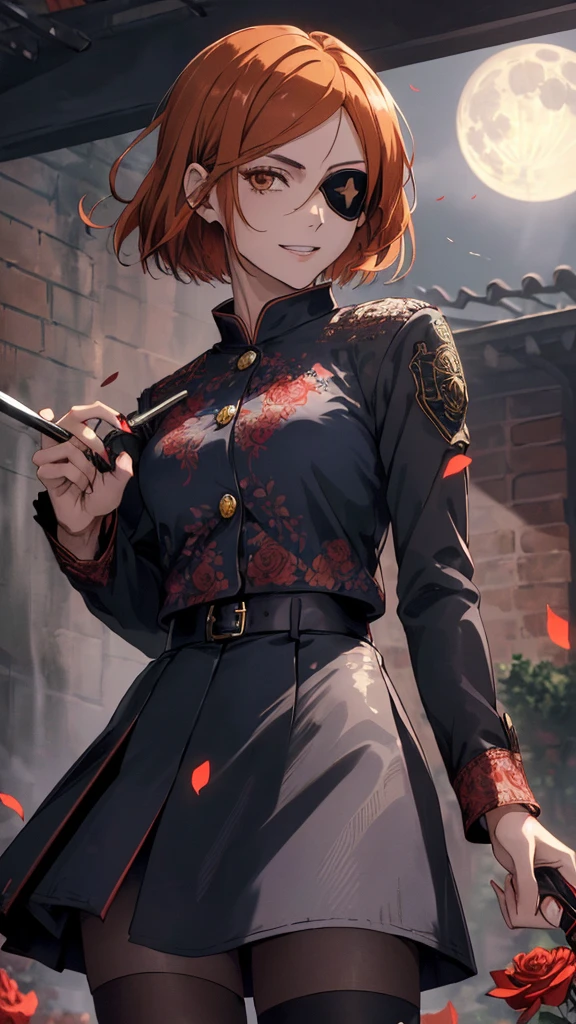 (masterpiece,top quality,high resolution,ultra detailed,ultra high definition,precise,high detail,very detailed,ultra fine illustration,HD,8k 1.5),
solo,Nobara Kugisaki,uniform,Jacket,Shiny orange hair,Highly detailed brown eyes,Navy Blue Skirt,Navy blue shirt,Long sleeve,Short High ,short hair,(Eyepatch on left eye,黒Jacket:1.2),button,Long sleeve,Black Skirt,High Waist Skirt,Black Pantyhose Night,(Highly detailed dark alley),Detailed face,Textured skin,Hair flowing in the wind,Skirt fluttering,Crazy smile,Highly detailed red rose background,A pale light shining in my hand,(With a hammer in his right hand,Put a nail in your left hand,Cross your hands:1.3),Delicate red petals blend into intricate patterns,Cinematic light effects, reflected light, full moon,Sharp lines,Shades of red and black anime, Dark atmosphere,Fantasy,Three-part method,Cowboy Shot,Dutch Angle, 