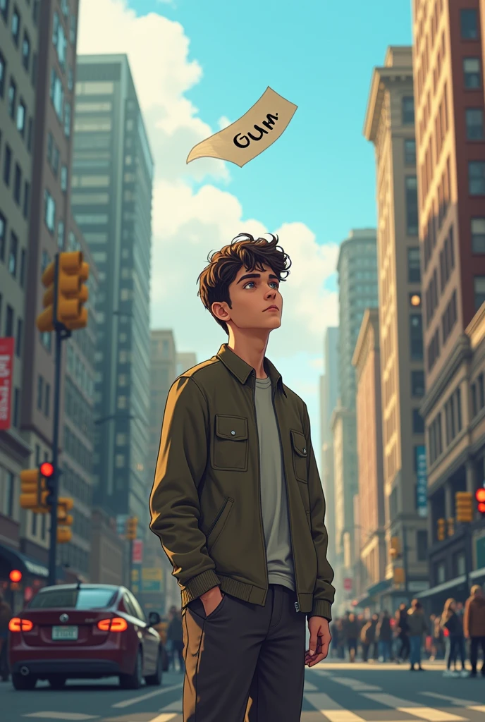 Prompt 1: A scene in a bustling city where A boy (age 21 year) writes "Gum" on a piece of paper, crumples it up, and throws it into the wind. As the paper flies away, a look of relief crosses their face.