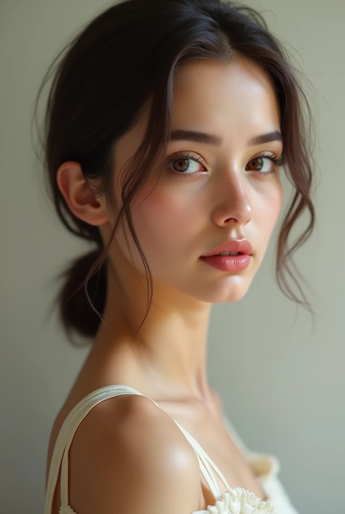 bust, Spanish girl brunette slim, Wide face, small mouth, large eyes, flat nose, small breasts 
