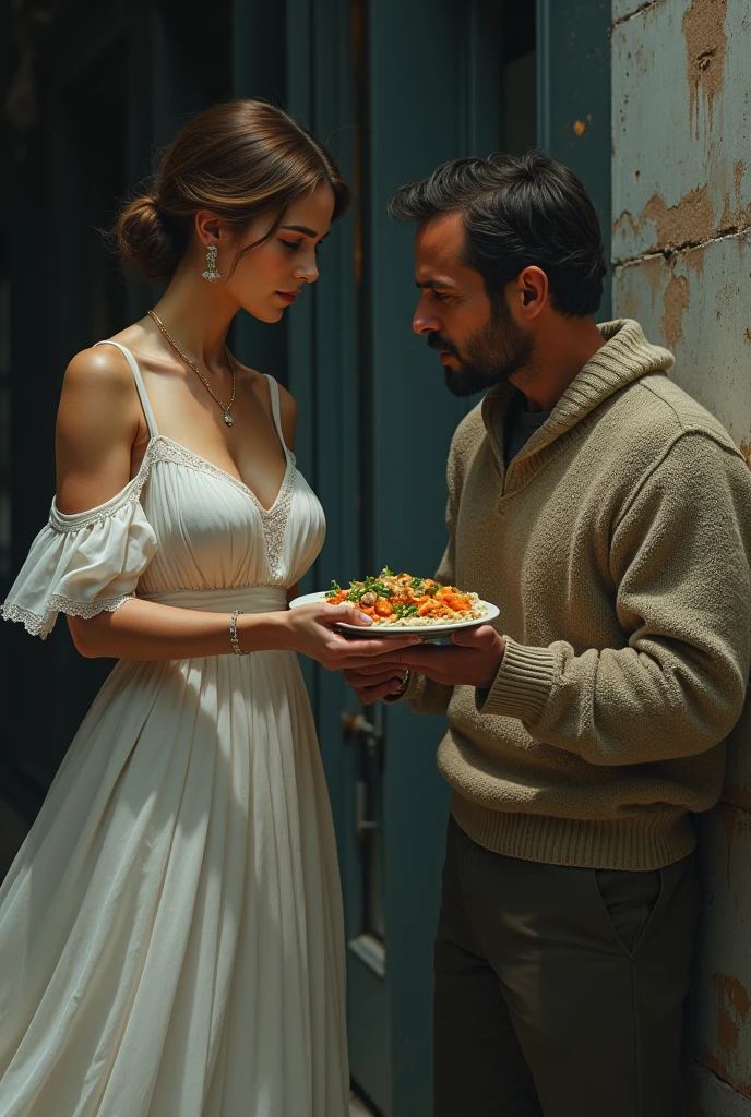 the woman in white dress gives the food to the hungry man that wear dirty sweater
